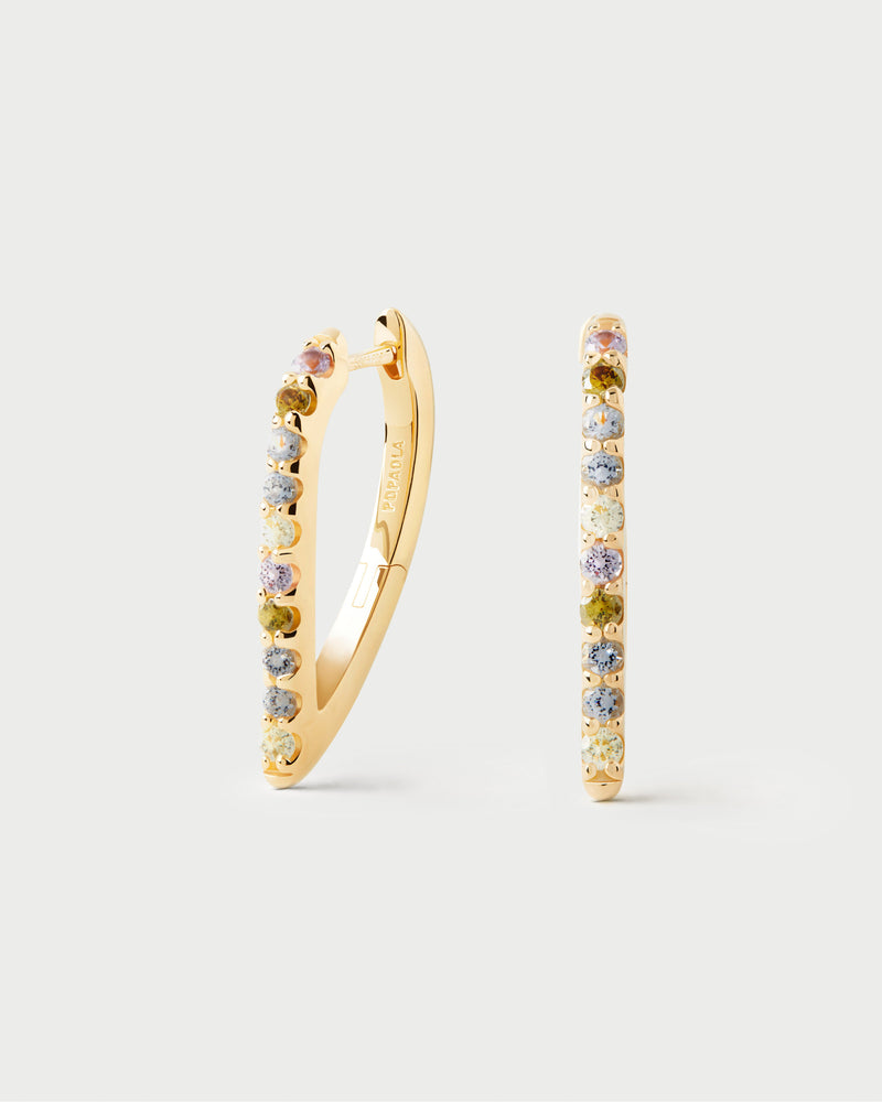 Geometric hoop earrings with oval shape and colorful zirconia