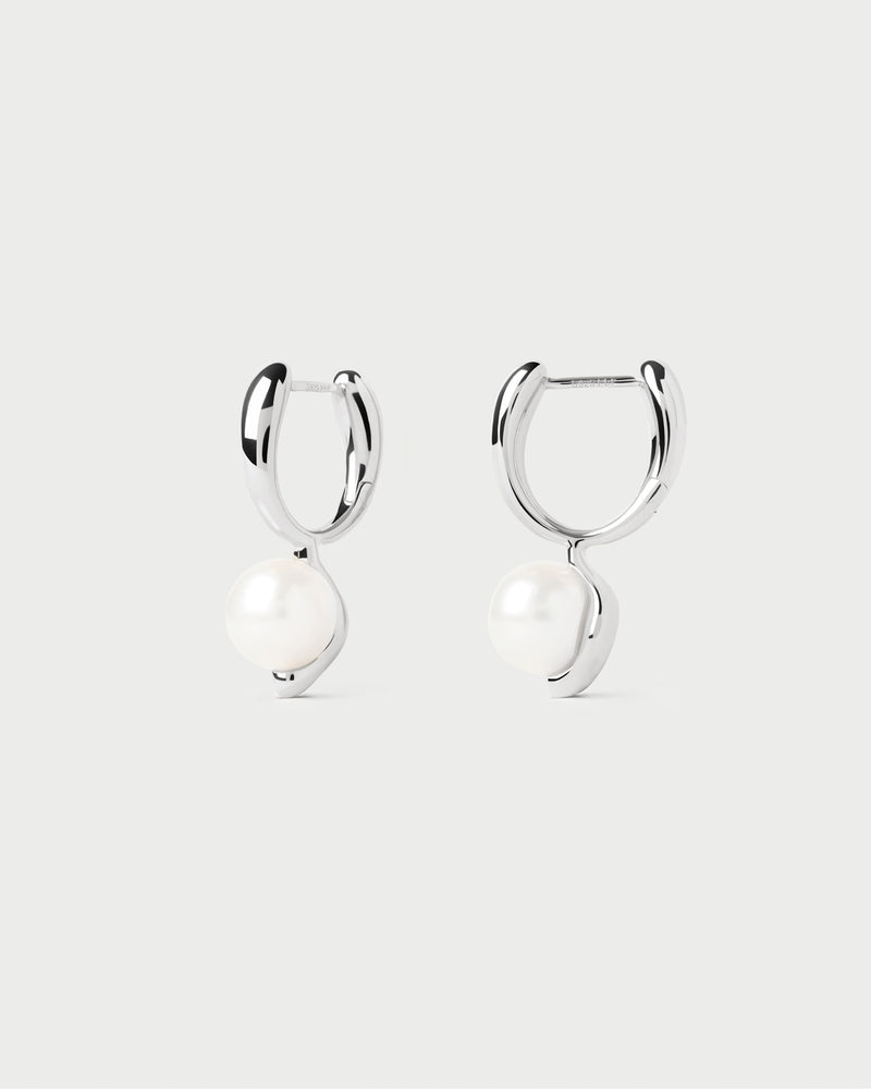Modern small silver hoop earrings with a freshwater cultured pearl pendant