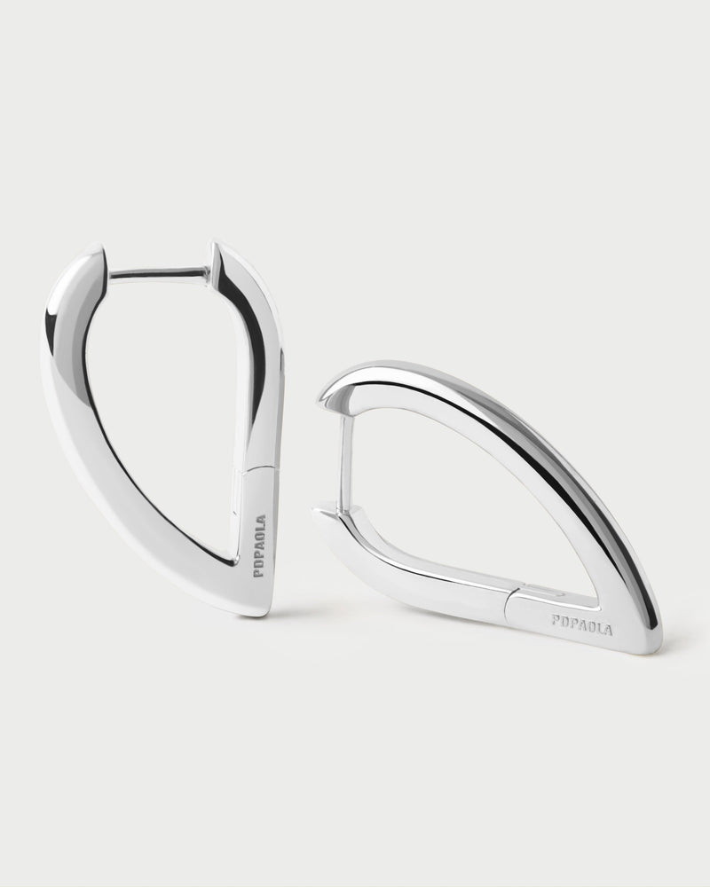 Silver geometric hoop earrings with asymmetric oval shape