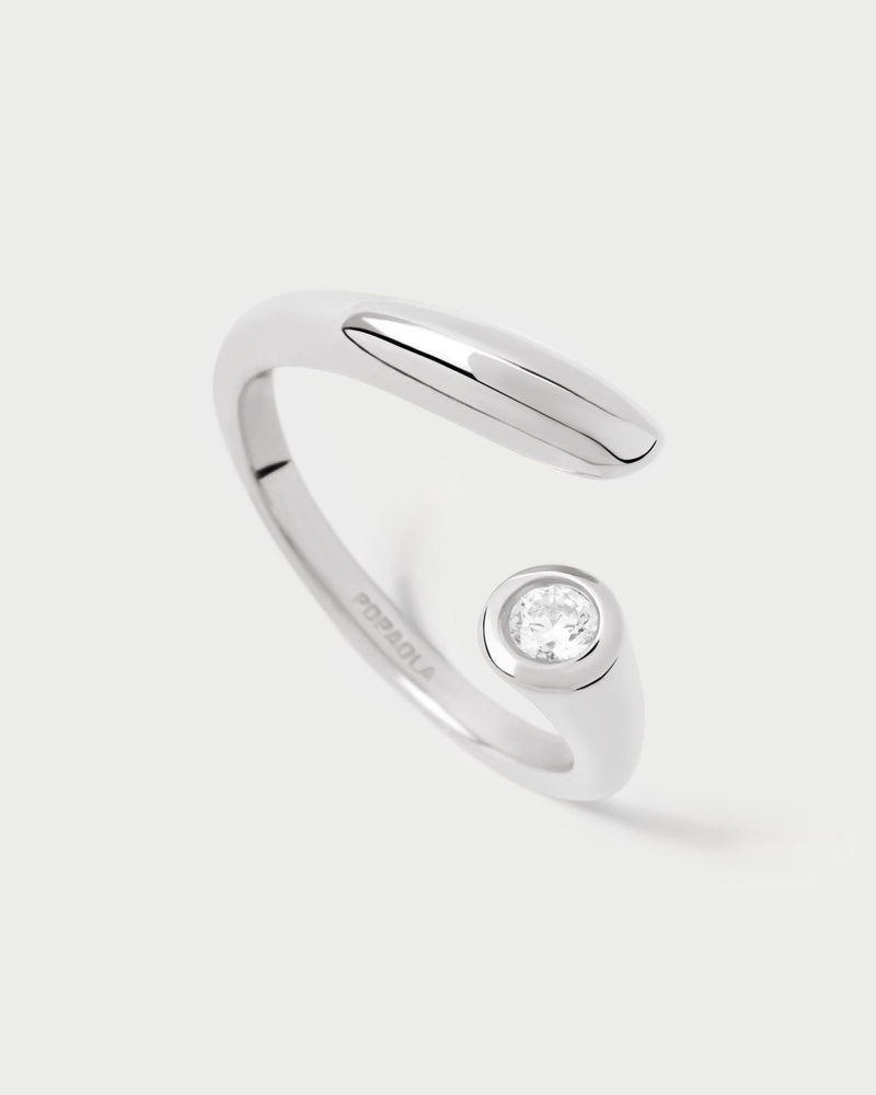Dainty silver open ring set with round white zirconia and fluid lines
