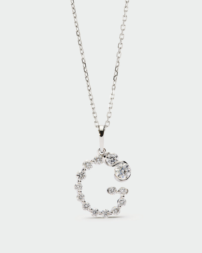 Diamonds and white gold G initial pendant - 
  
    18K White gold / Rhodium silver plating
  
