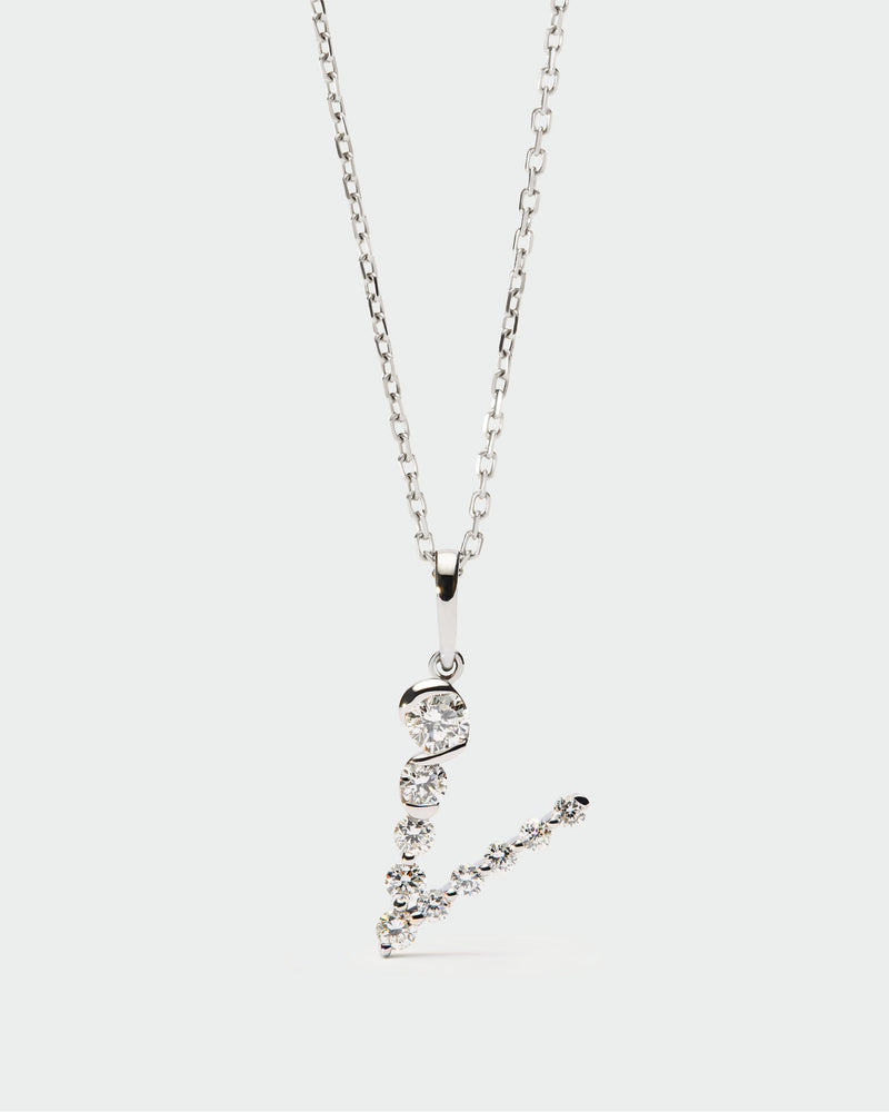 Diamonds and white gold V initial pendant - 
  
    18K White gold / Rhodium silver plating
  
