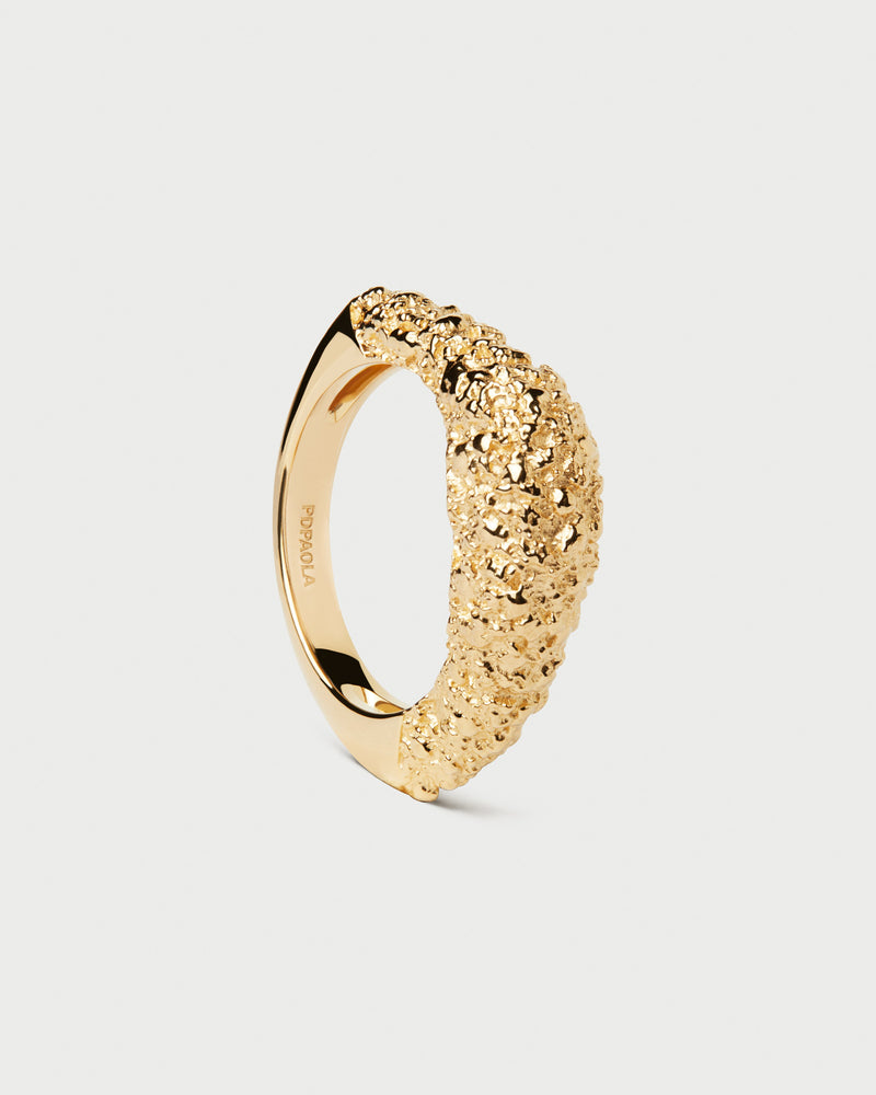 Gold-plated fluid shape stacking ring with contrasting molten texture finish