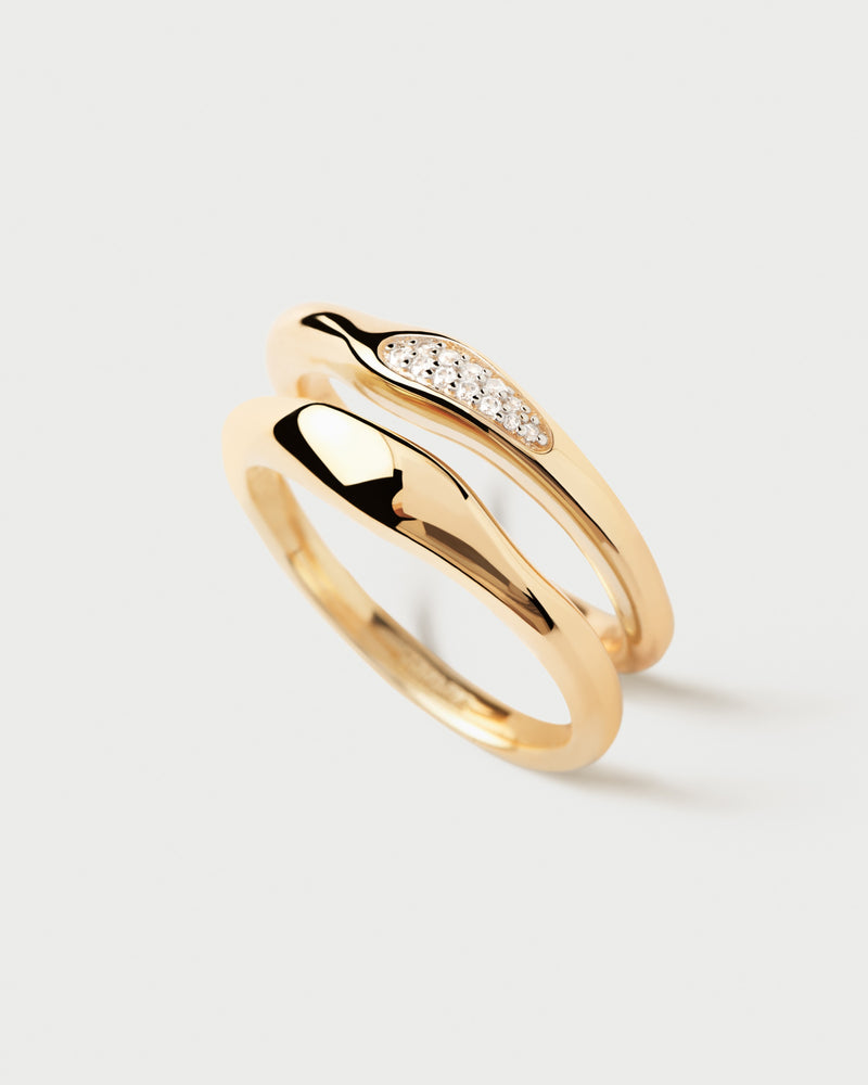 Gold-plated set of two organic rings with pavé zirconia and wavy shape
