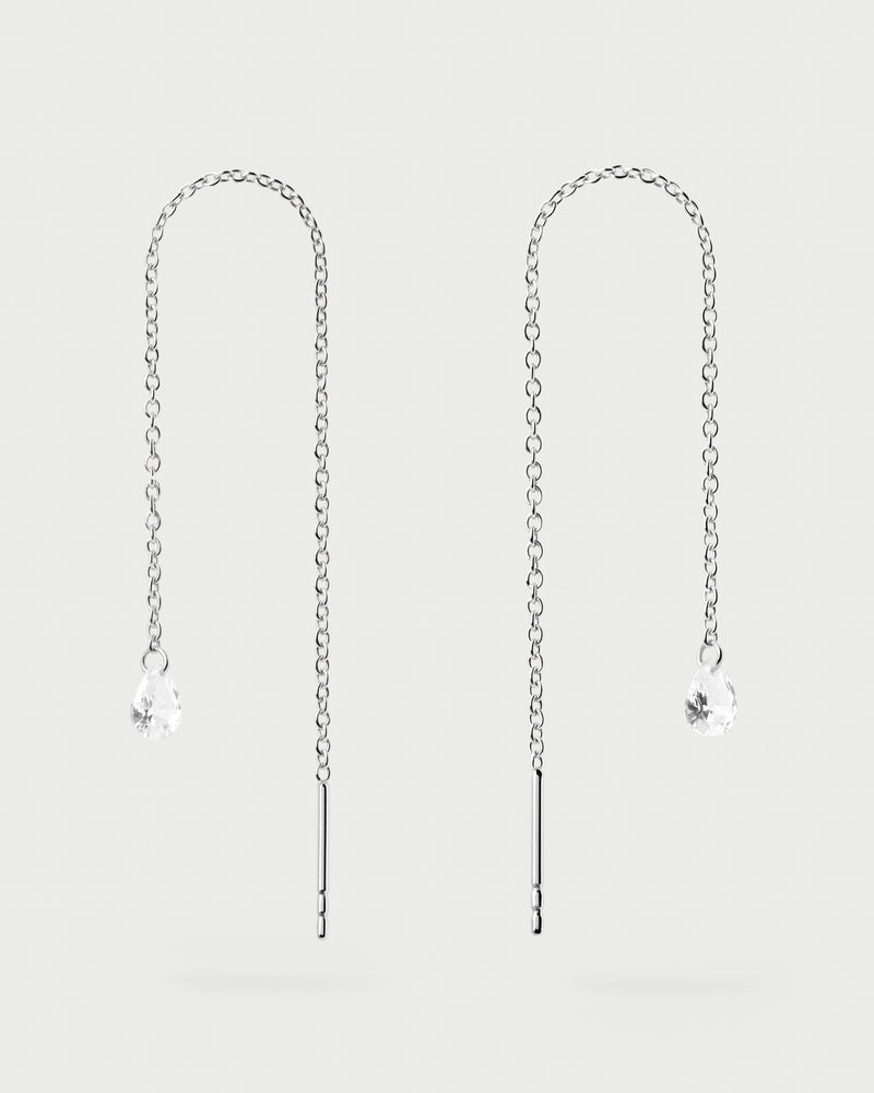 Long delicate earrings in sterling silver with drop zirconia pendant