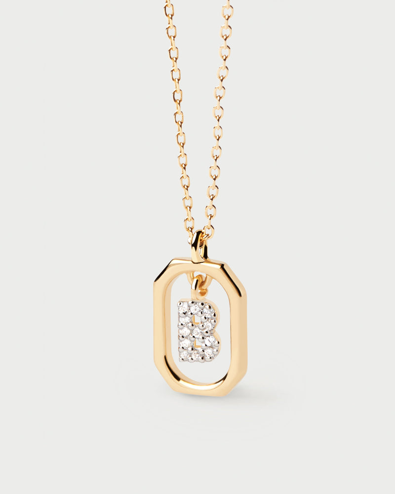 Small initial B necklace in zirconia inside gold-plated silver octagonal pendant