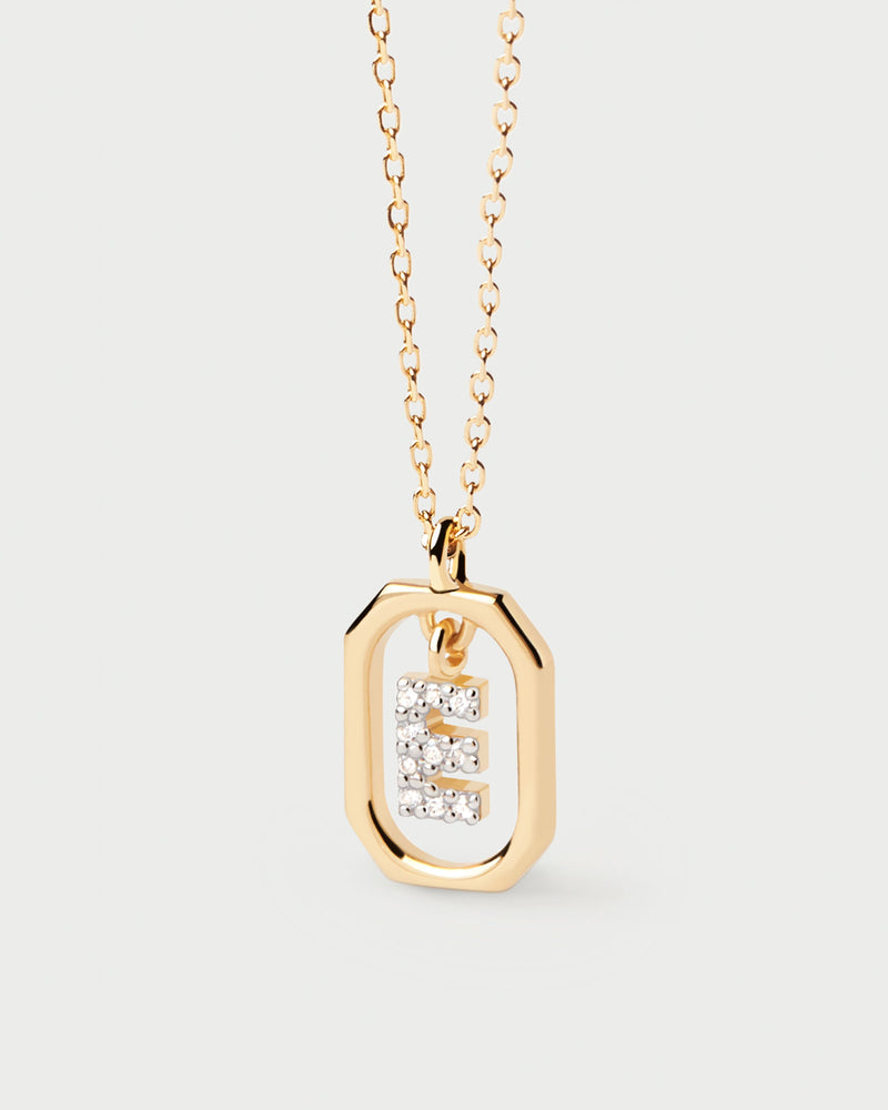 Small initial E necklace in zirconia inside gold-plated silver octagonal pendant