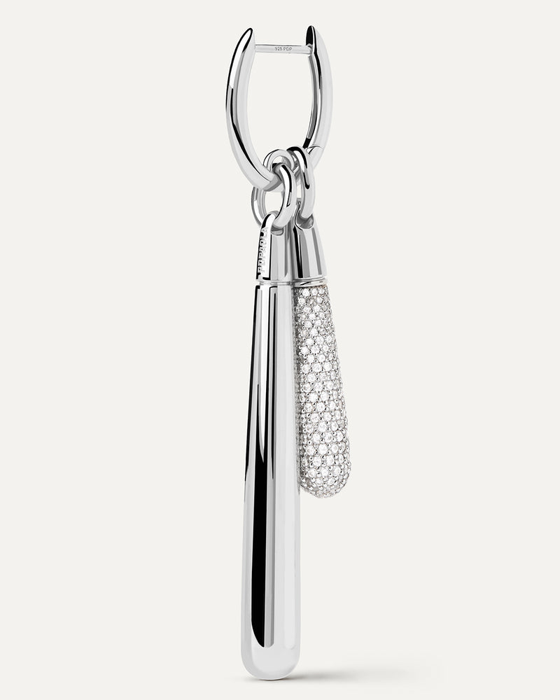 Silver single hoop with a long drop pendant